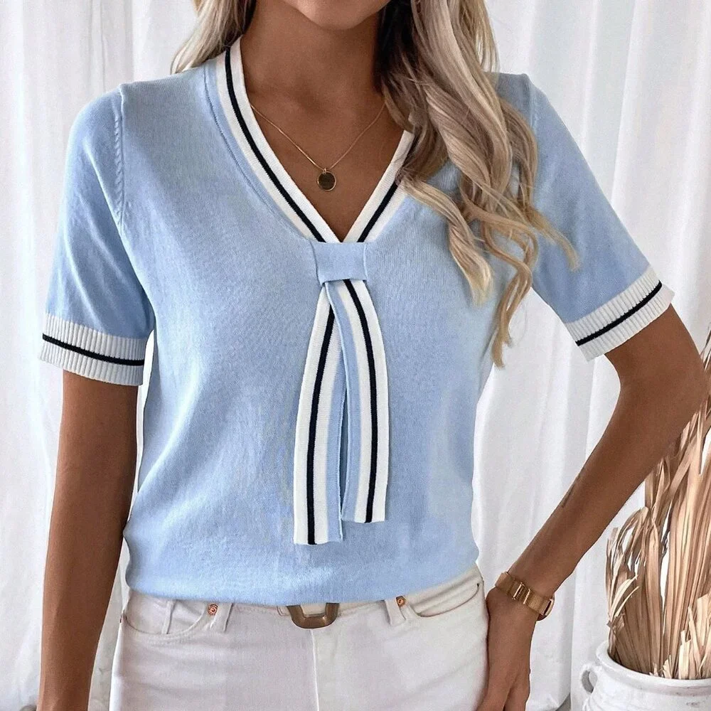 Blue Casual Women's Striped Color Block Short Sleeve Knit Top